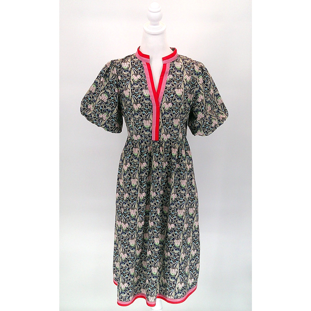 Women's Floral Print Midi Dress Sz M Voy Puff Sleeve Boho Chic Navy Pink Casual - Picture 2 of 11